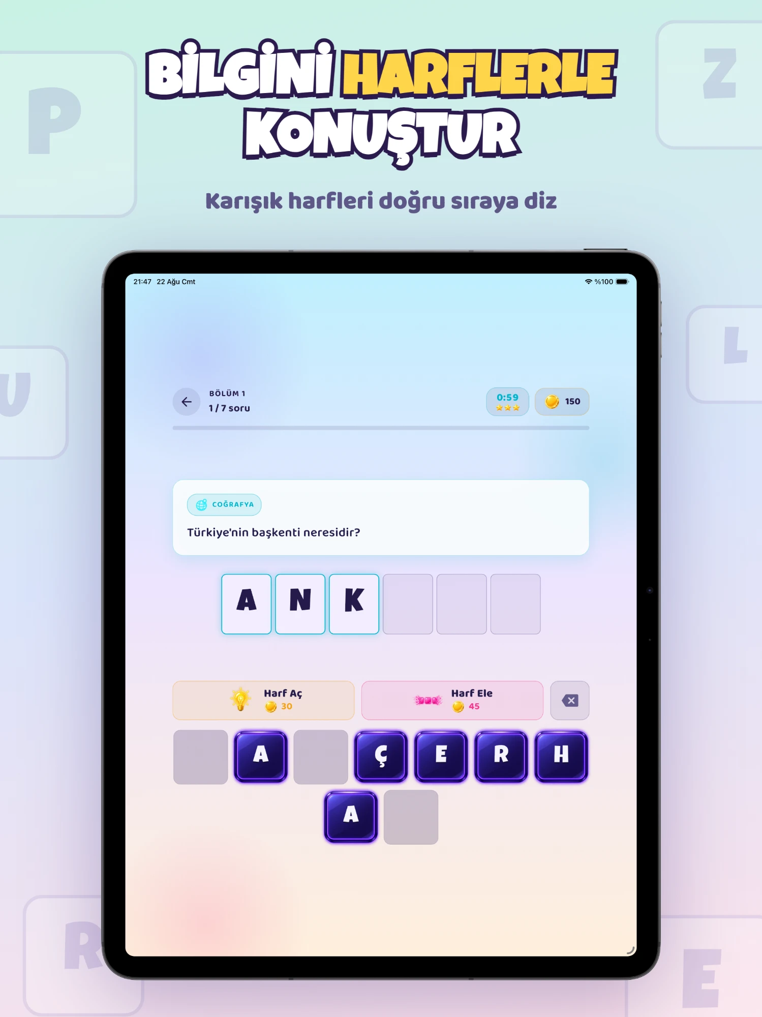 Puzzlore oynanış ekranı; bir coğrafya sorusu, boş harf kutuları ve altındaki karışık harf tuşları